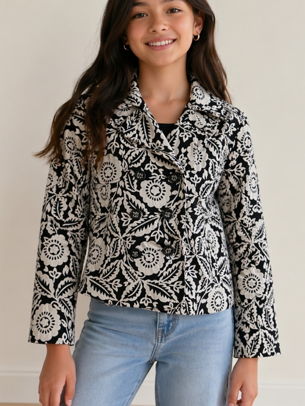 DOLLHOUSE Monochrome Floral Double Breasted Swing Jacket Size 10/12